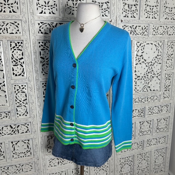 Vintage 70's Haymaker Blue 7 Green Striped Preppy Golf Button Up Cardigan Sz M - Picture 5 of 7